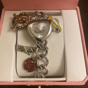Juicy Couture Silver Tone New York City Themed Heart Watch Charm Bracelet
